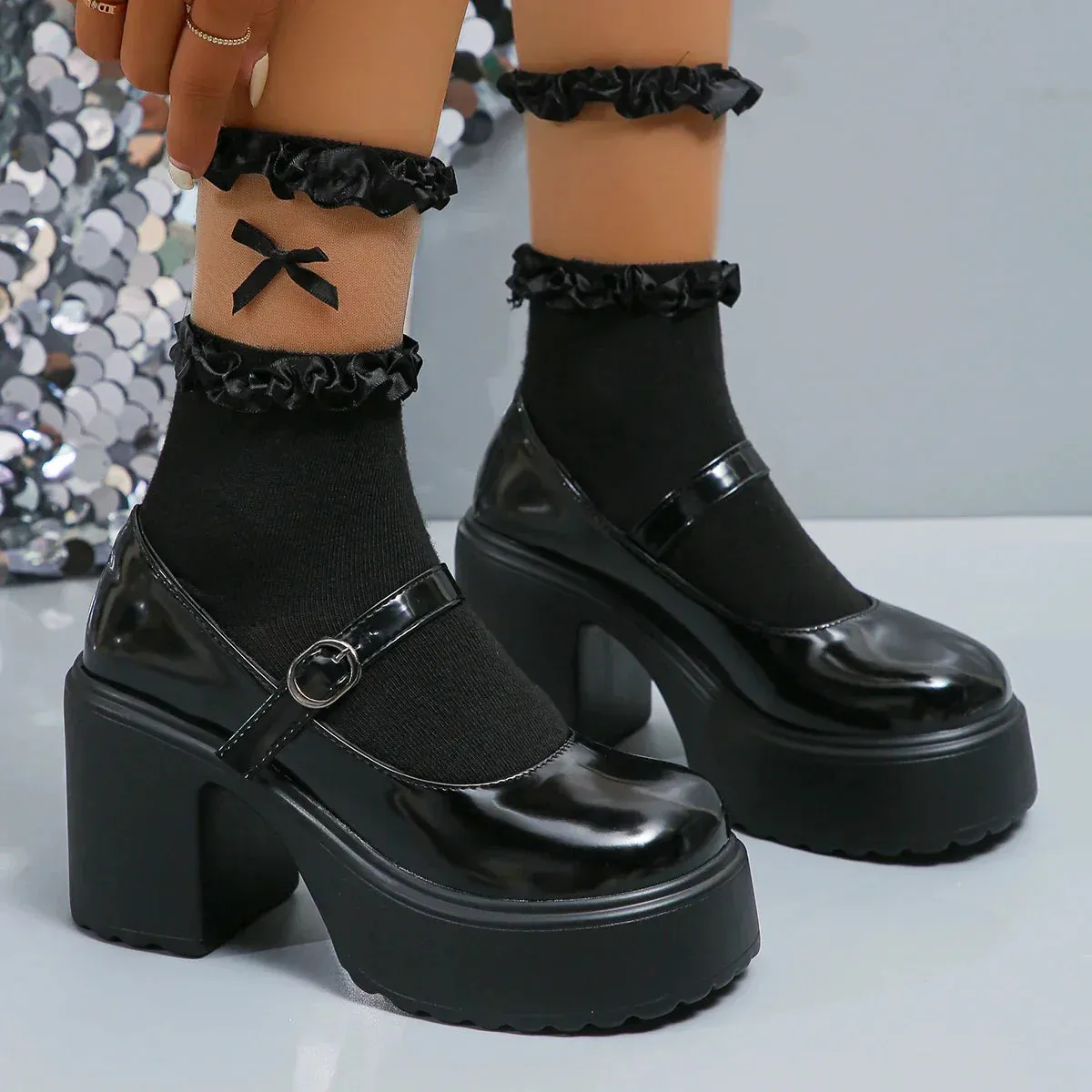 AMOZAE- - Y2K Chic Black Patent Leather Chunky Heels Platform Pumps