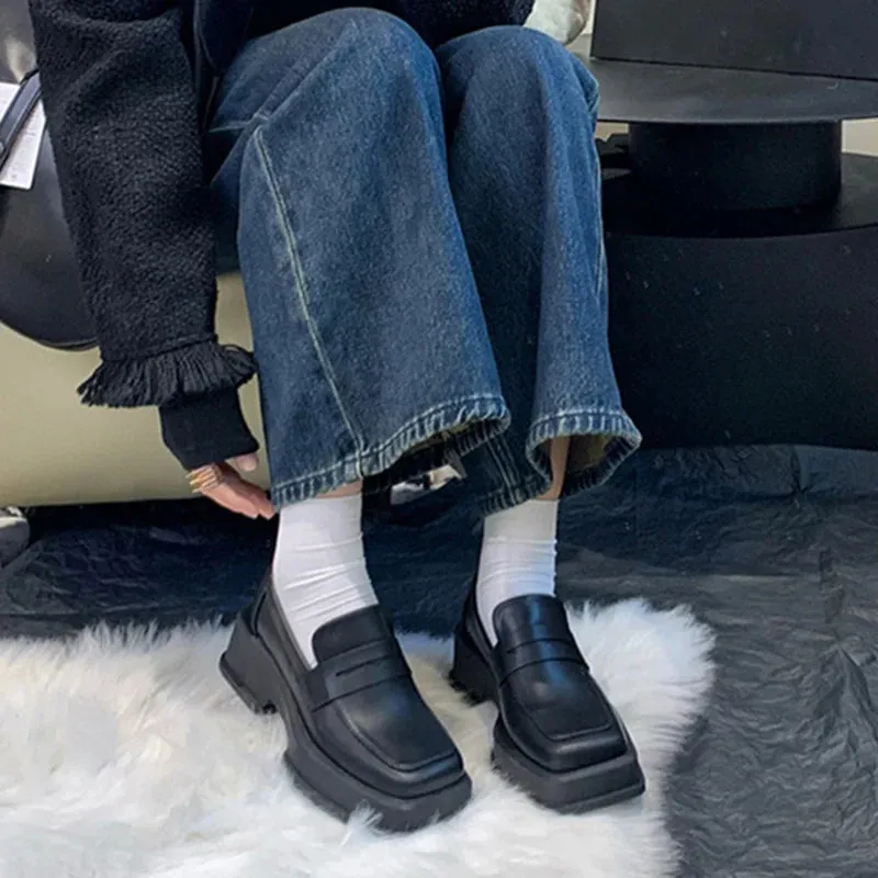 binfenxie  Style Square Toe Loafers Women 2023 Spring Patent Leather Platform Pumps Woman Slip On Thick Heels Oxford Shoes Jk Shoes