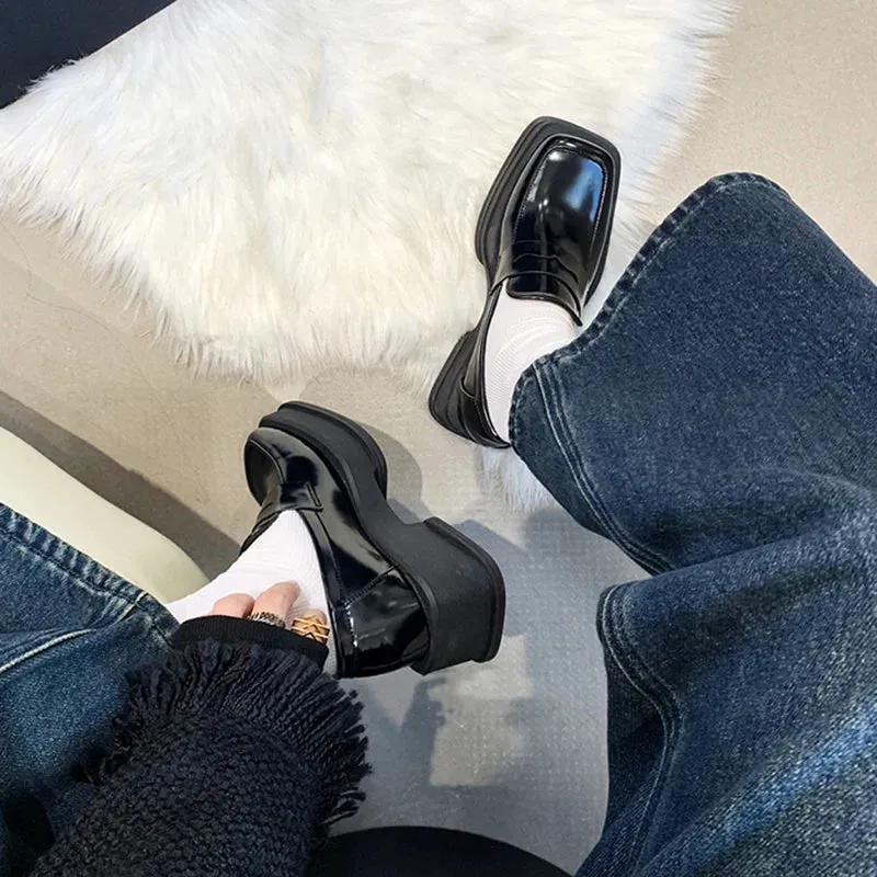 binfenxie  Style Square Toe Loafers Women 2023 Spring Patent Leather Platform Pumps Woman Slip On Thick Heels Oxford Shoes Jk Shoes