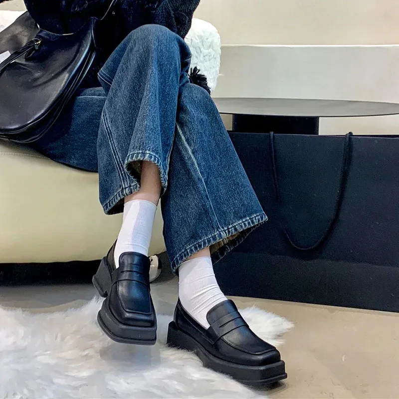 binfenxie  Style Square Toe Loafers Women 2023 Spring Patent Leather Platform Pumps Woman Slip On Thick Heels Oxford Shoes Jk Shoes
