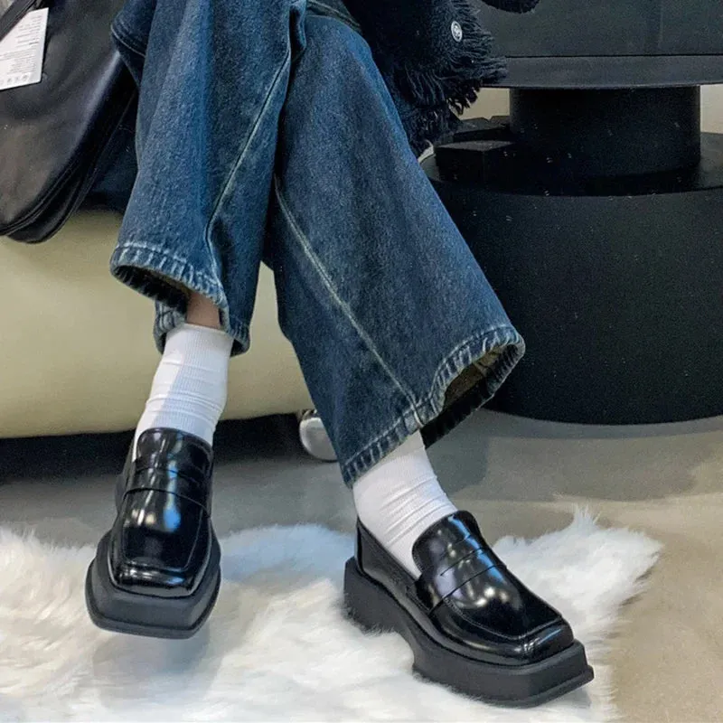 binfenxie  Style Square Toe Loafers Women 2023 Spring Patent Leather Platform Pumps Woman Slip On Thick Heels Oxford Shoes Jk Shoes