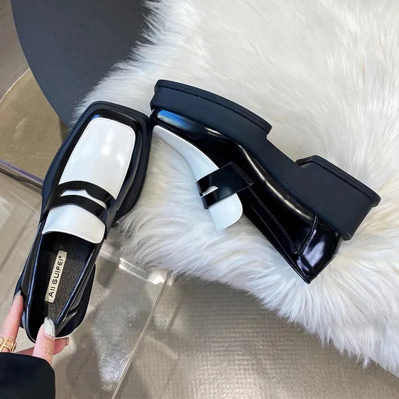 binfenxie  Style Square Toe Loafers Women 2023 Spring Patent Leather Platform Pumps Woman Slip On Thick Heels Oxford Shoes Jk Shoes