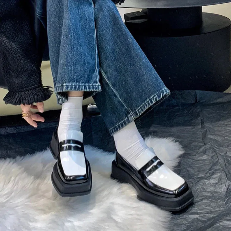 binfenxie  Style Square Toe Loafers Women 2023 Spring Patent Leather Platform Pumps Woman Slip On Thick Heels Oxford Shoes Jk Shoes
