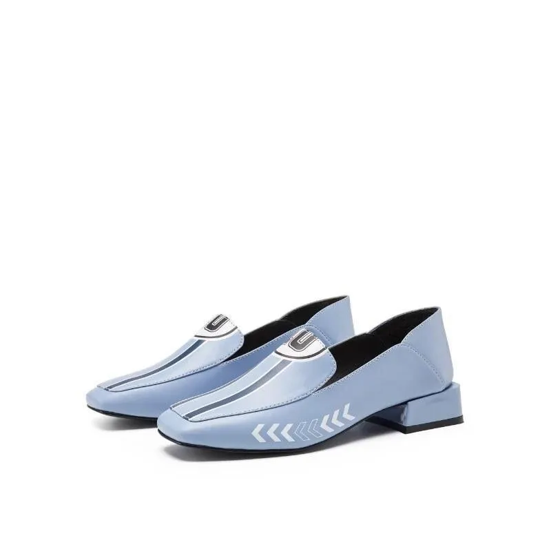 Blue Rider Pattern Loafer square heel low women's oxford loafer shoes - Hars