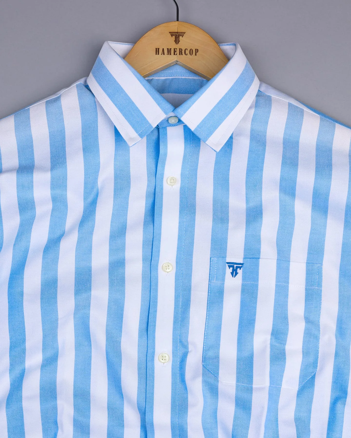 Ceniza SkyBlue With White Broad Stripe Oxford Cotton Shirt