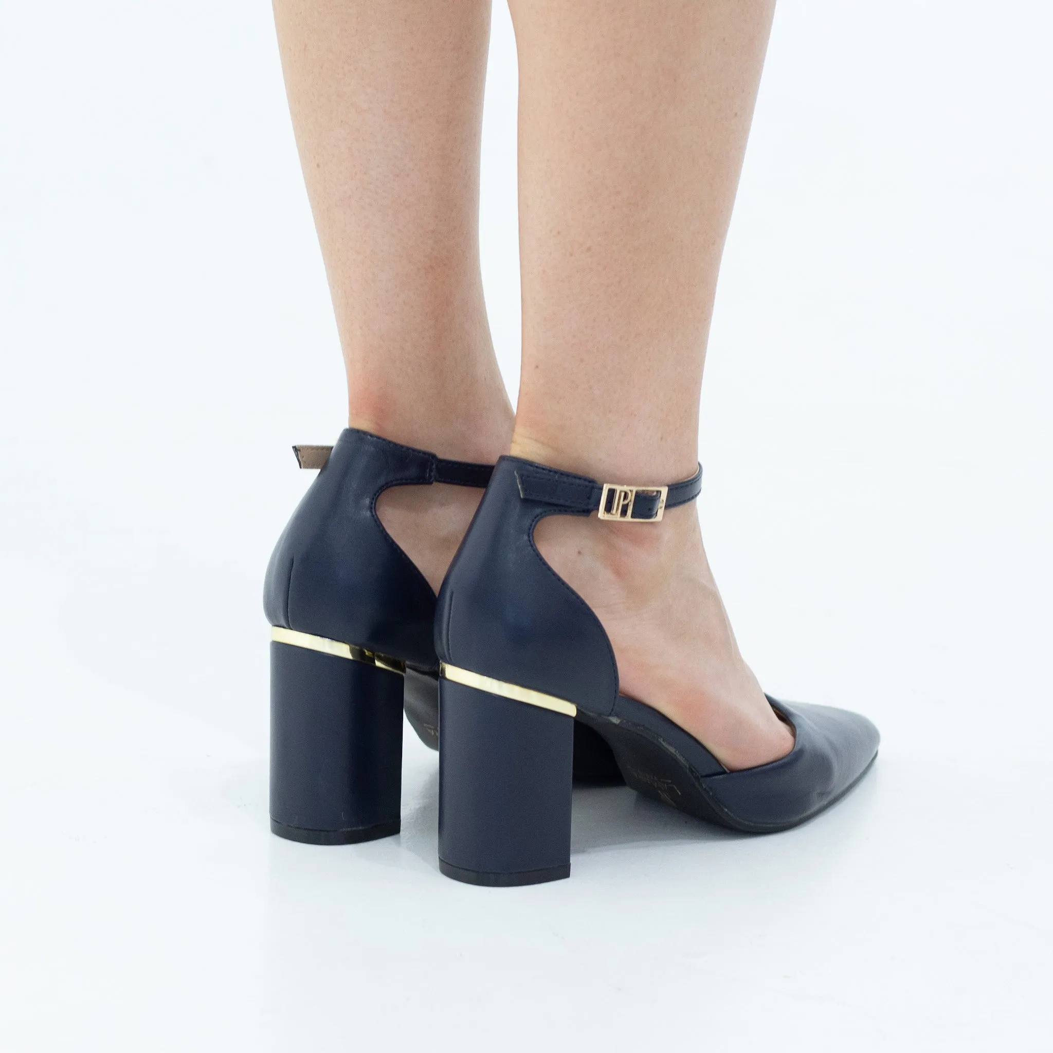 Chandri open waist pointy on 8cm block heel PU navy