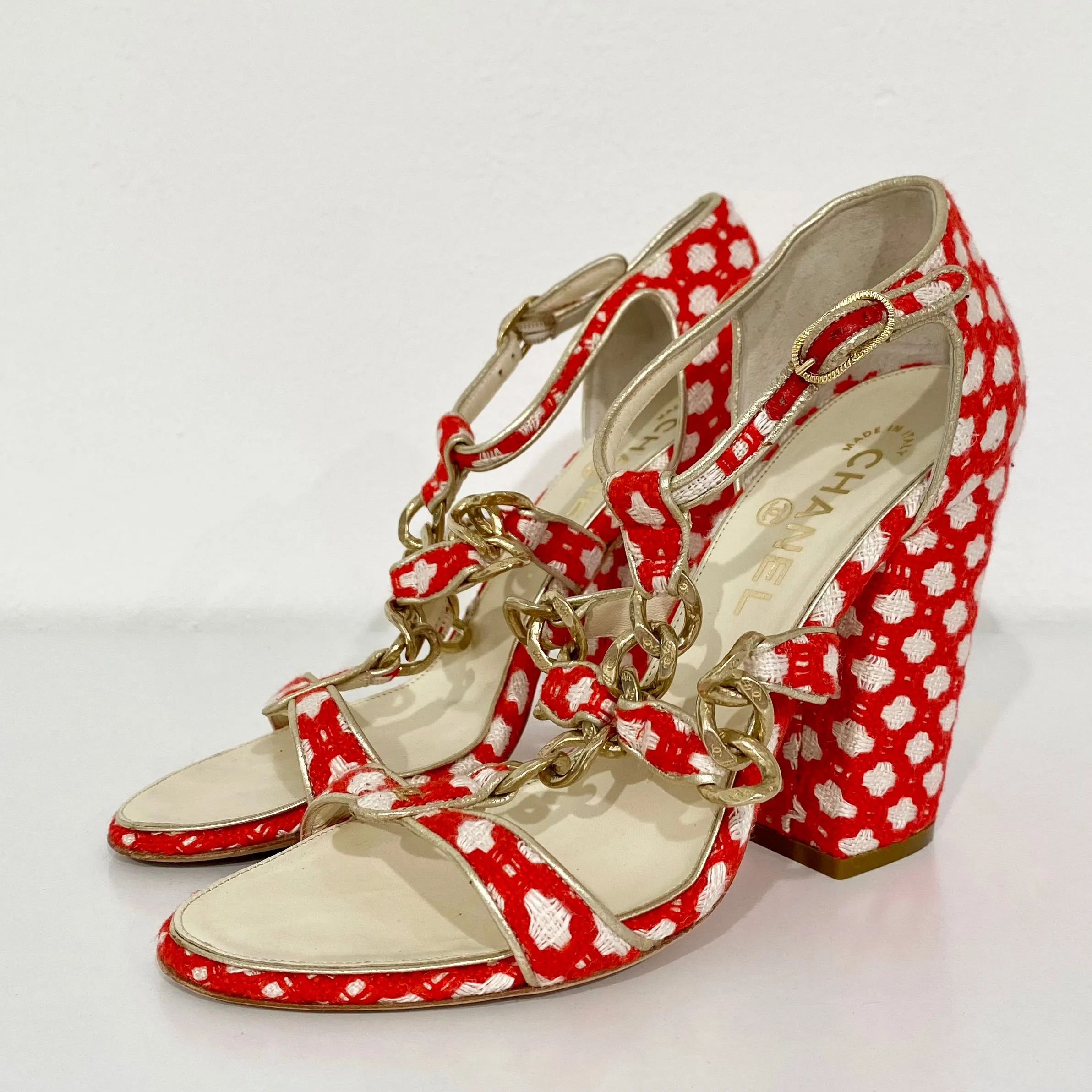 Chanel Red and White Tweed Heels