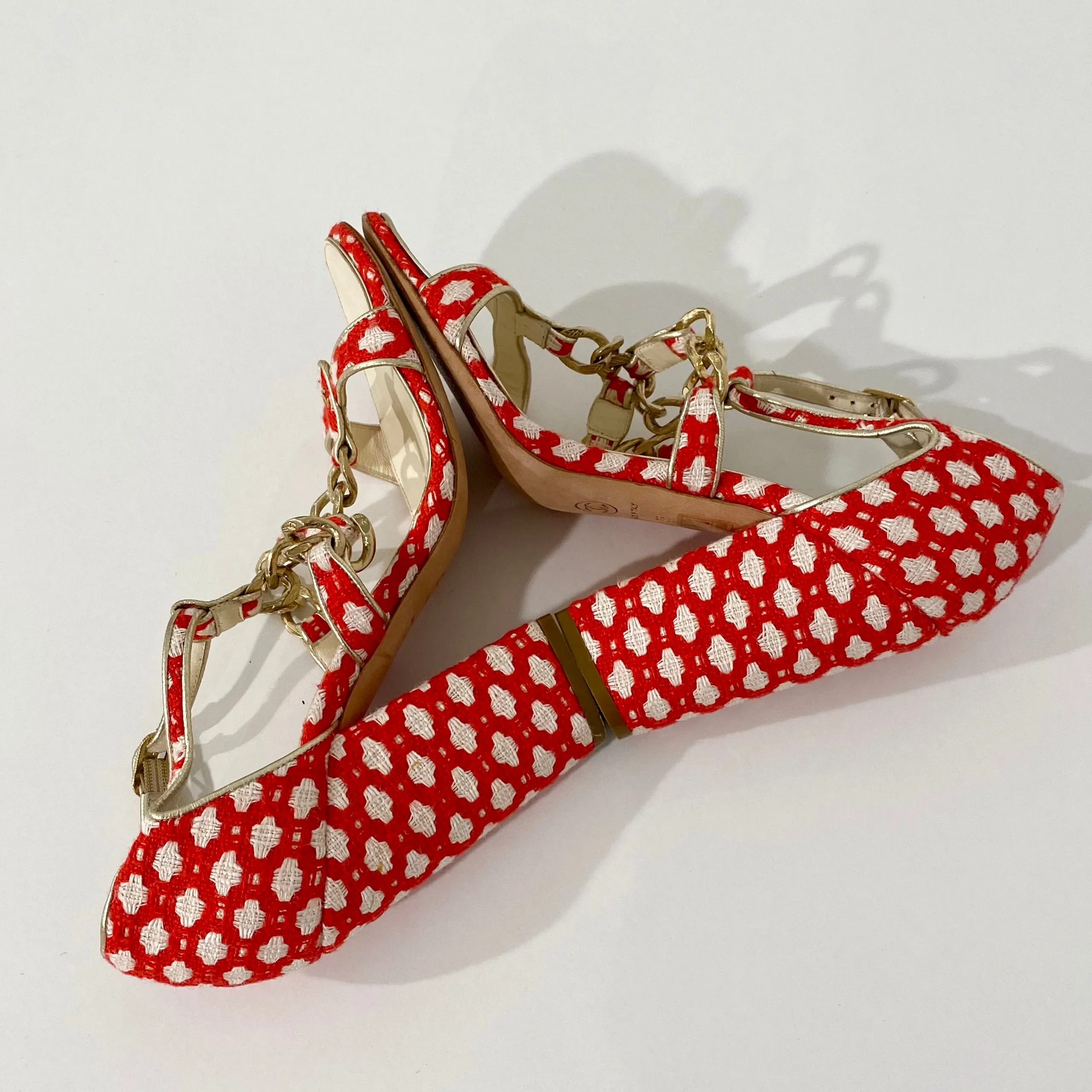 Chanel Red and White Tweed Heels