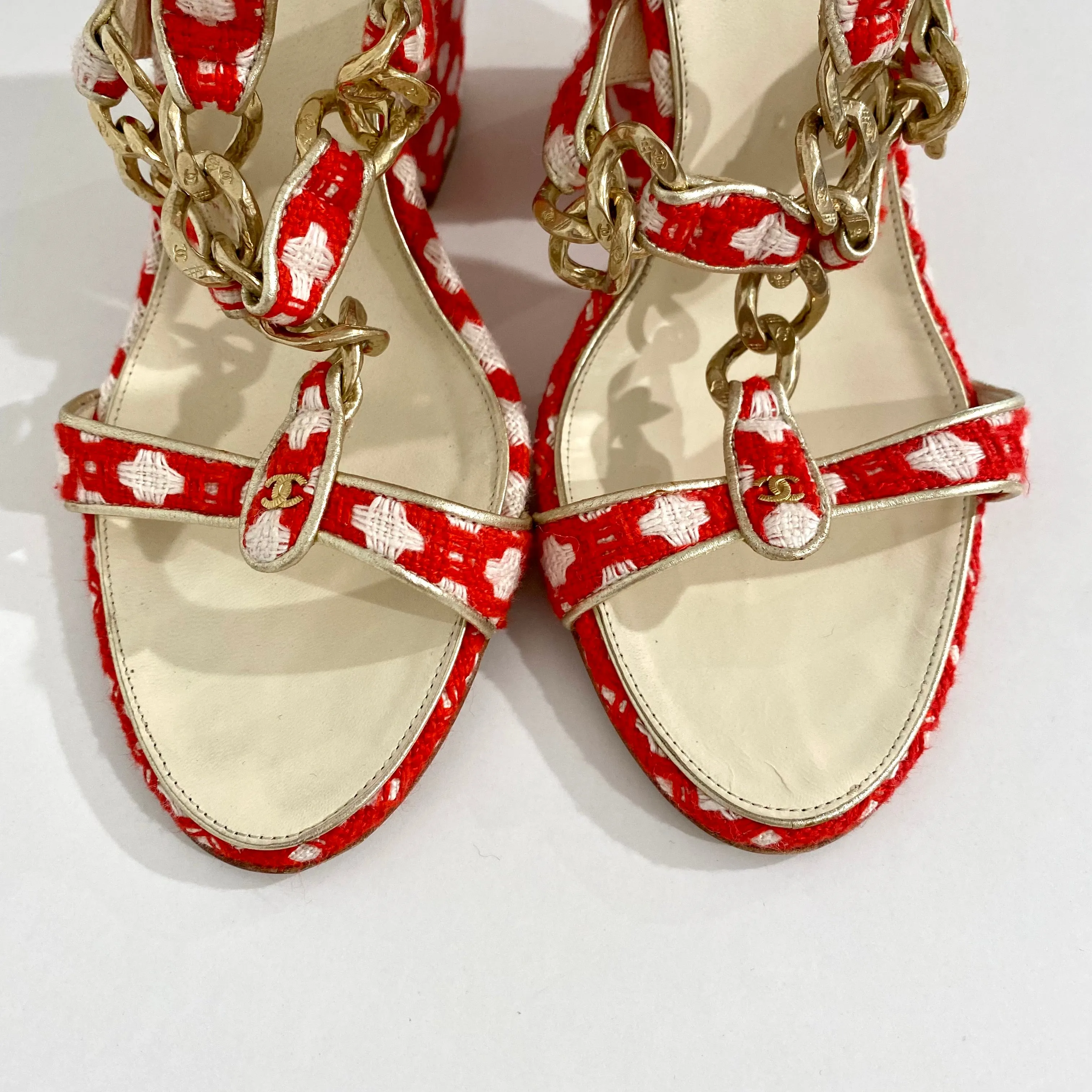 Chanel Red and White Tweed Heels