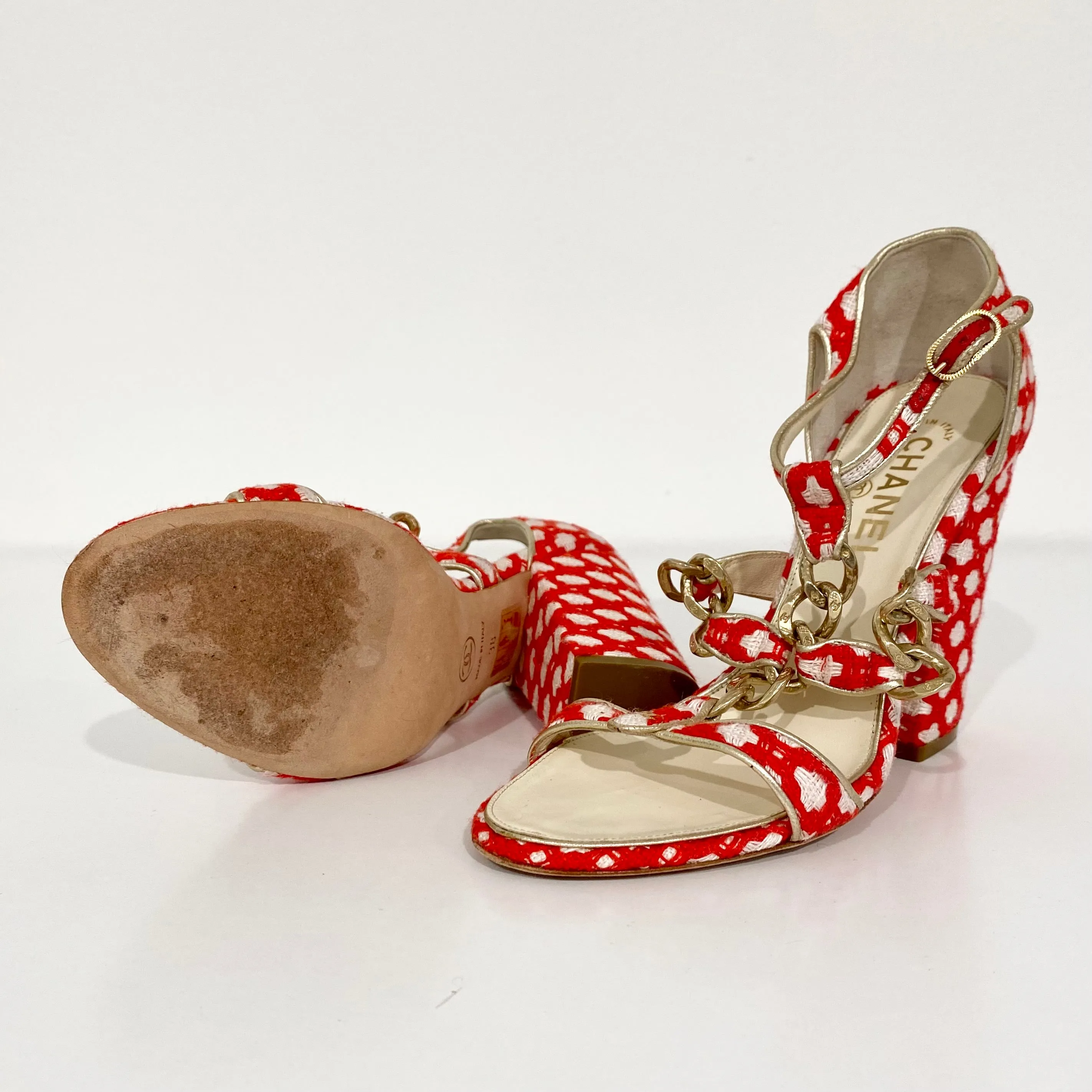 Chanel Red and White Tweed Heels