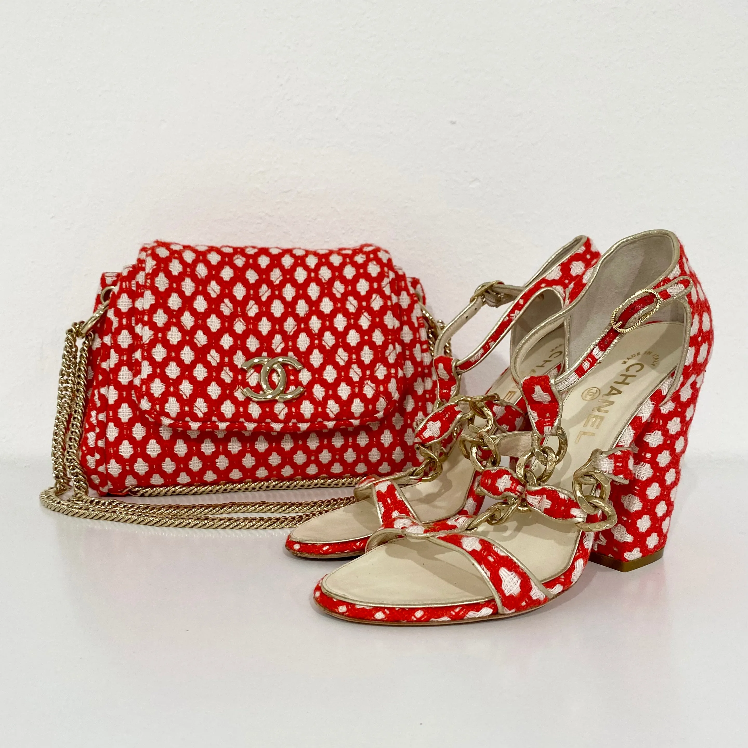 Chanel Red and White Tweed Heels