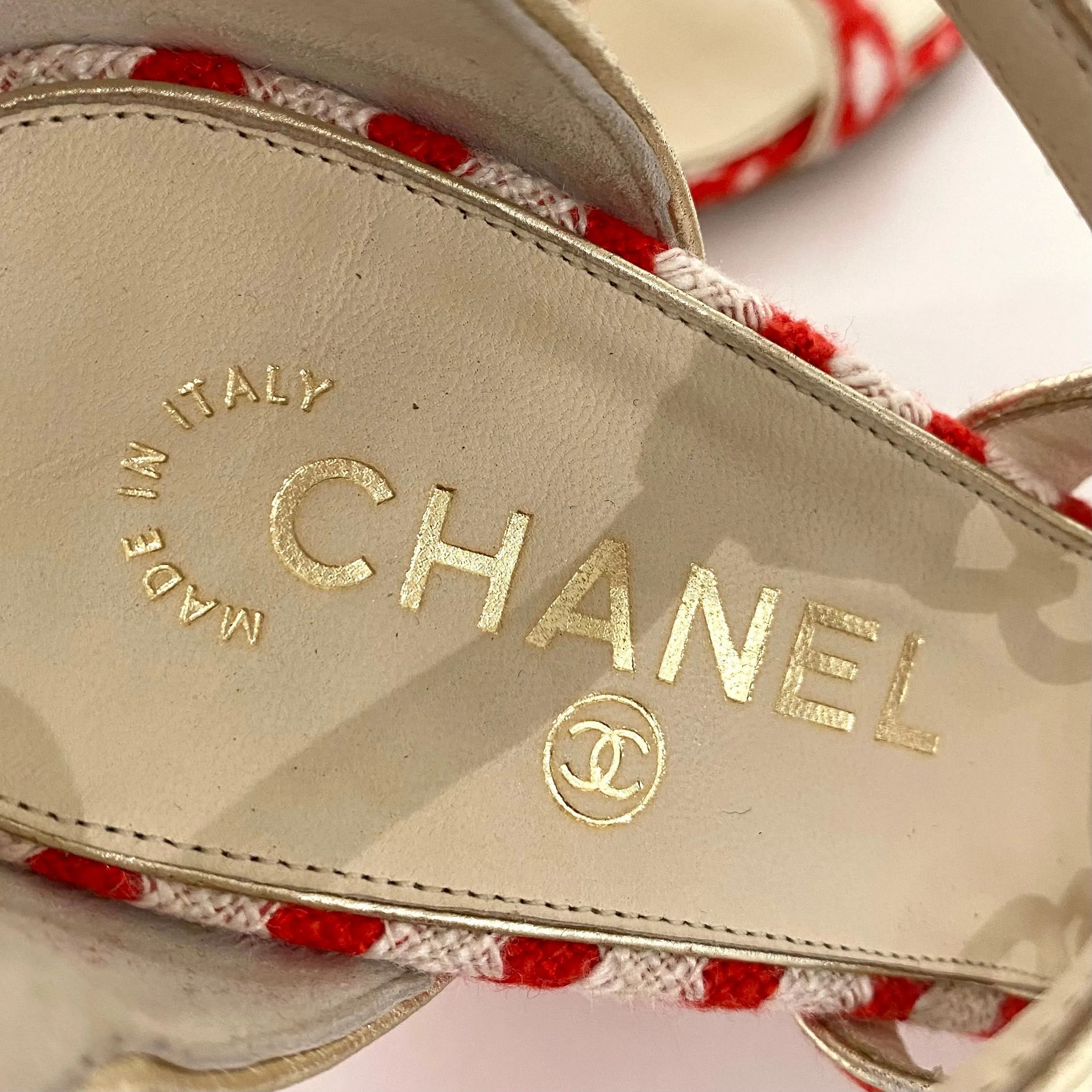 Chanel Red and White Tweed Heels