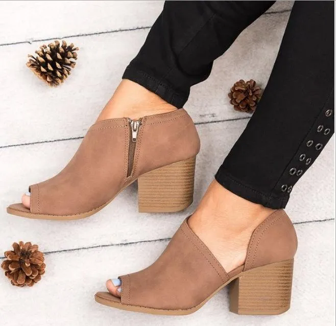 Chicvane Peep Toe Chunky Mule with Zipper Ankle Boots