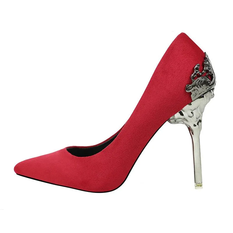 Chicvane Suede Pointed Metal Stiletto Heel Pumps Bridal Shoes