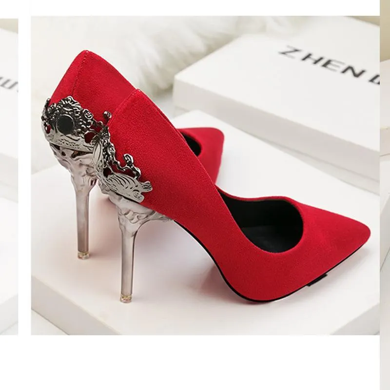 Chicvane Suede Pointed Metal Stiletto Heel Pumps Bridal Shoes
