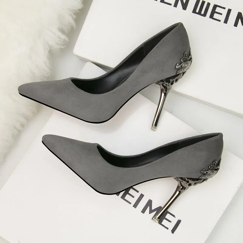 Chicvane Suede Pointed Metal Stiletto Heel Pumps Bridal Shoes