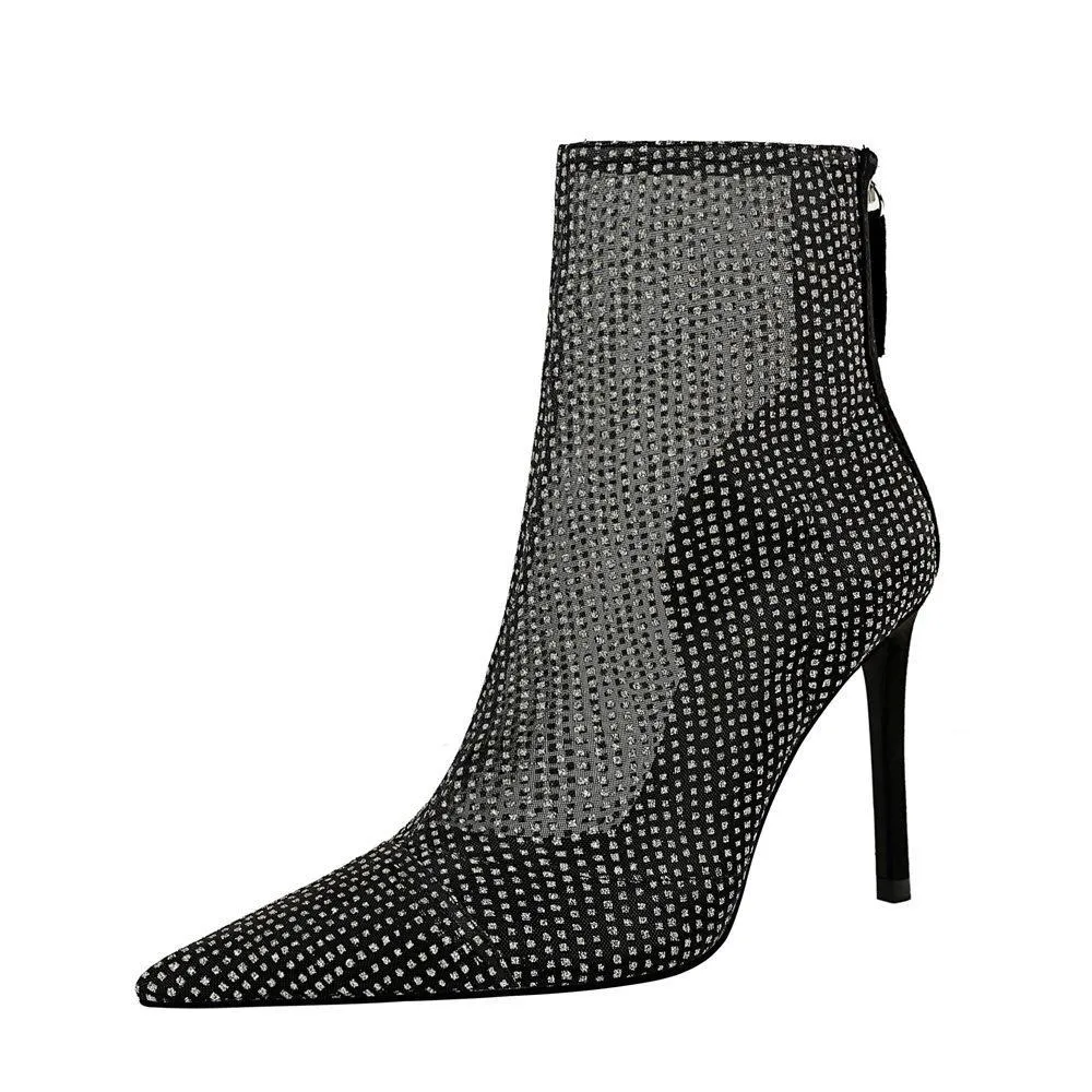 Chicvane Womens Mesh Lace Pointed Toe Stiletto Heel Zipper Closure Mid Calf Boots