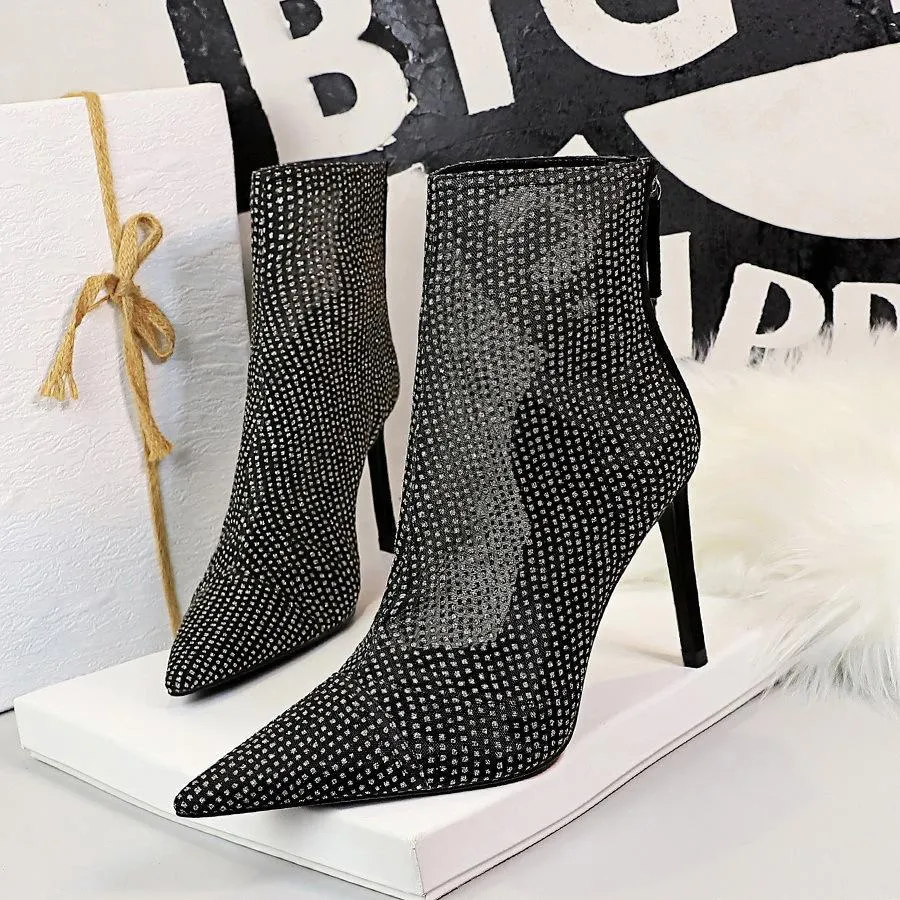 Chicvane Womens Mesh Lace Pointed Toe Stiletto Heel Zipper Closure Mid Calf Boots
