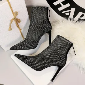 Chicvane Womens Mesh Lace Pointed Toe Stiletto Heel Zipper Closure Mid Calf Boots