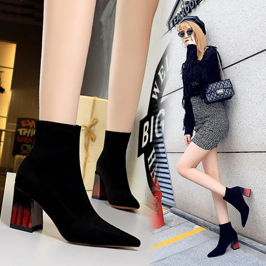 Chicvane Womens Suede Pointed Toe Wood Grain Chunky Heel Ankle Boots