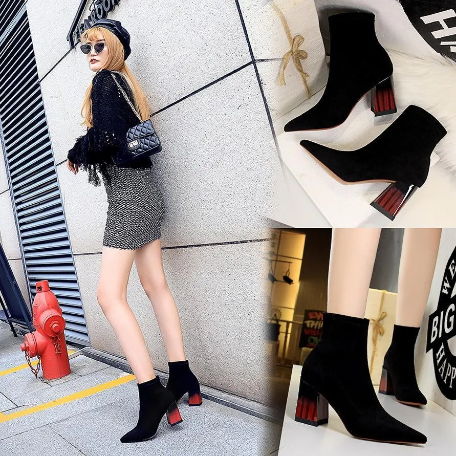 Chicvane Womens Suede Pointed Toe Wood Grain Chunky Heel Ankle Boots
