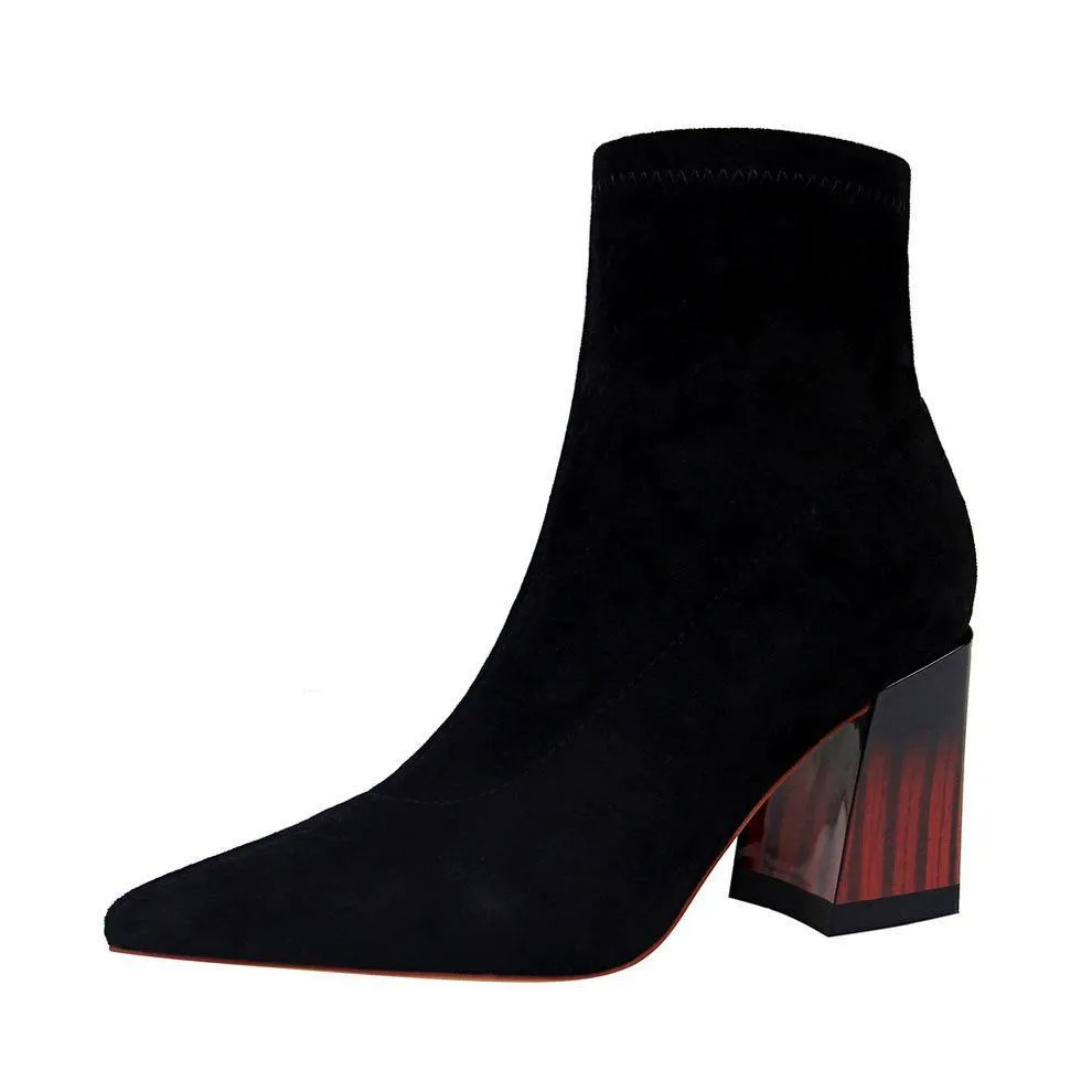 Chicvane Womens Suede Pointed Toe Wood Grain Chunky Heel Ankle Boots
