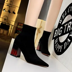 Chicvane Womens Suede Pointed Toe Wood Grain Chunky Heel Ankle Boots