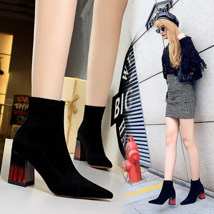 Chicvane Womens Suede Pointed Toe Wood Grain Chunky Heel Ankle Boots
