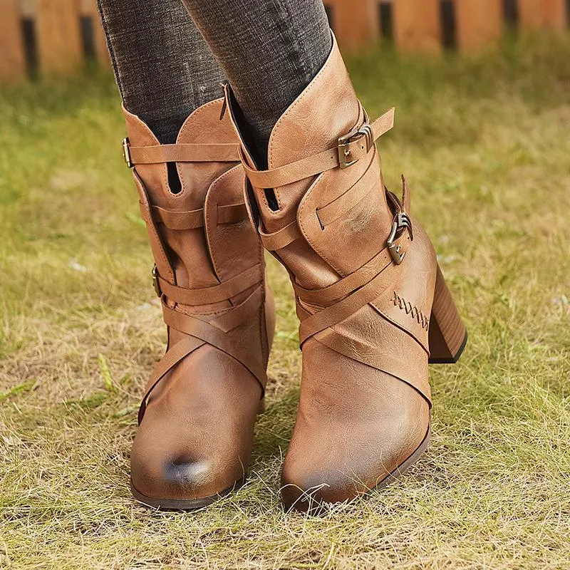 Chicvane Womens Vilet Belt Buckle Round Toe Chunky Heel Zipper Closure Mid Calf Boots
