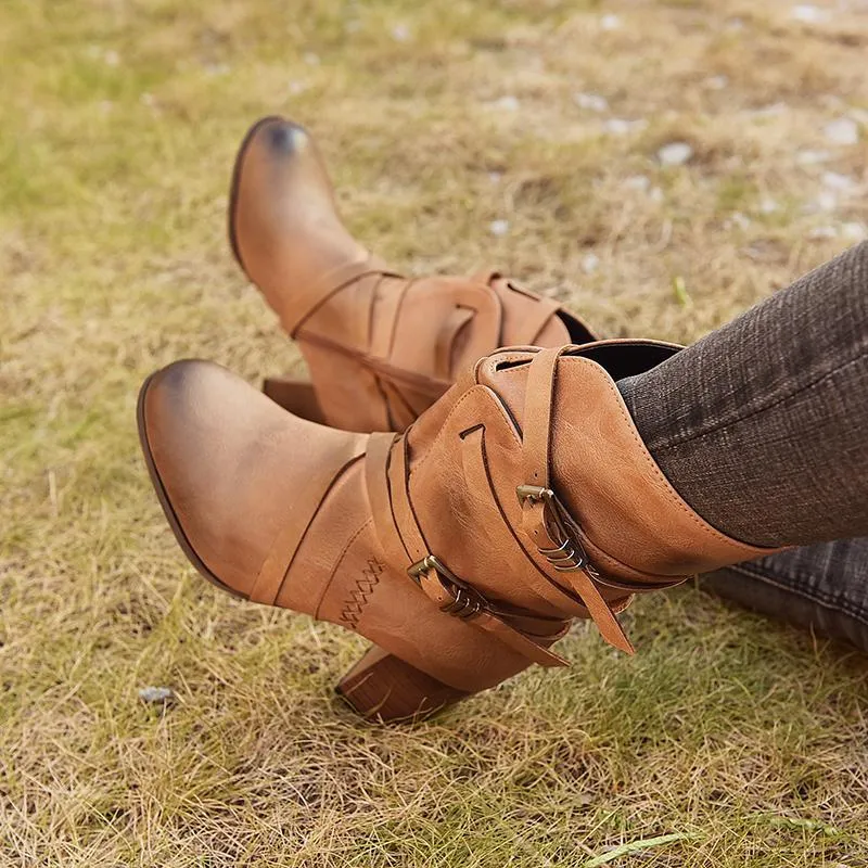 Chicvane Womens Vilet Belt Buckle Round Toe Chunky Heel Zipper Closure Mid Calf Boots
