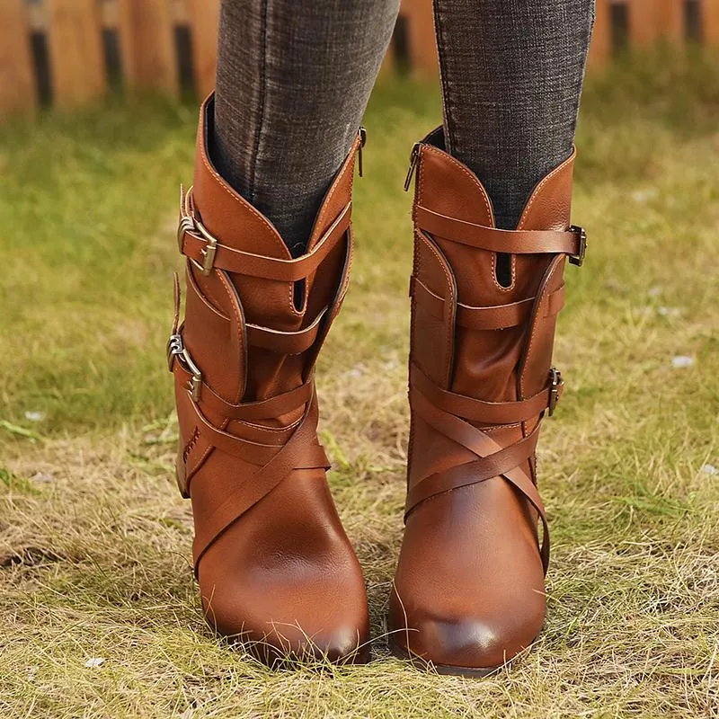 Chicvane Womens Vilet Belt Buckle Round Toe Chunky Heel Zipper Closure Mid Calf Boots