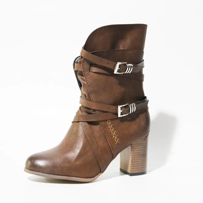 Chicvane Womens Vilet Belt Buckle Round Toe Chunky Heel Zipper Closure Mid Calf Boots
