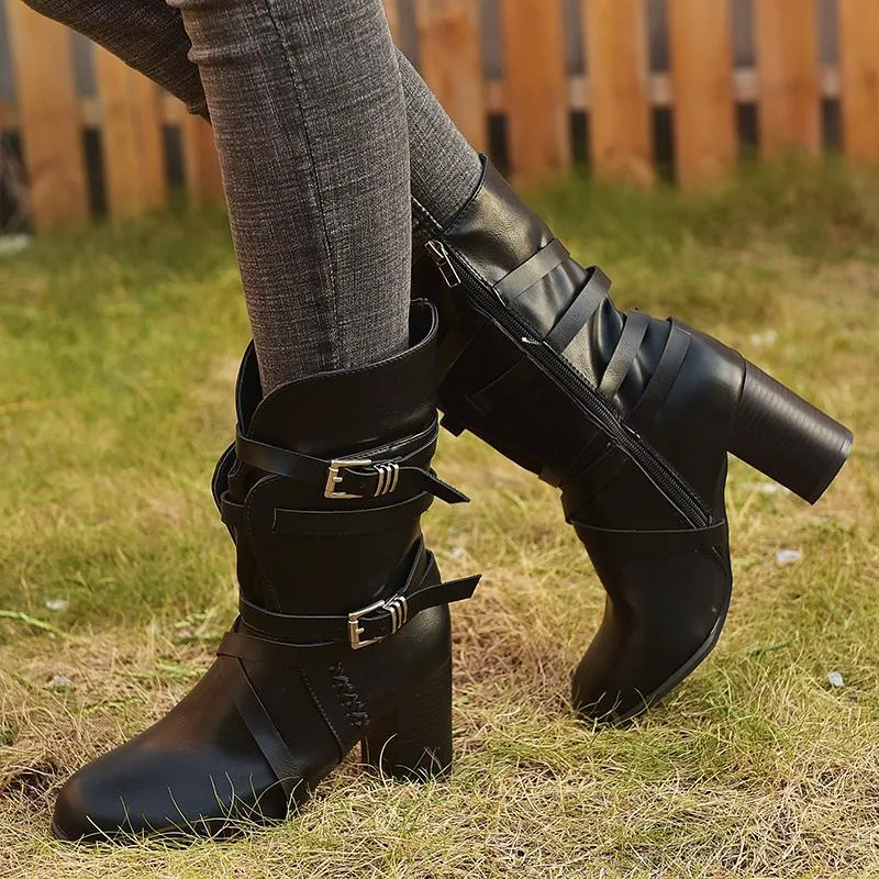 Chicvane Womens Vilet Belt Buckle Round Toe Chunky Heel Zipper Closure Mid Calf Boots