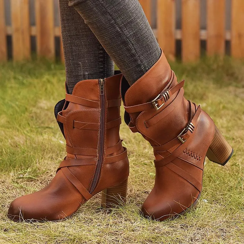 Chicvane Womens Vilet Belt Buckle Round Toe Chunky Heel Zipper Closure Mid Calf Boots