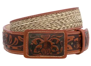 Cognac Western Cowboy Belt Tooled Braided Leather - Rodeo Buckle