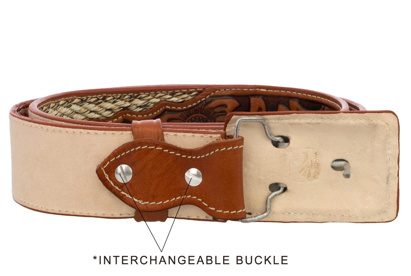 Cognac Western Cowboy Belt Tooled Braided Leather - Rodeo Buckle