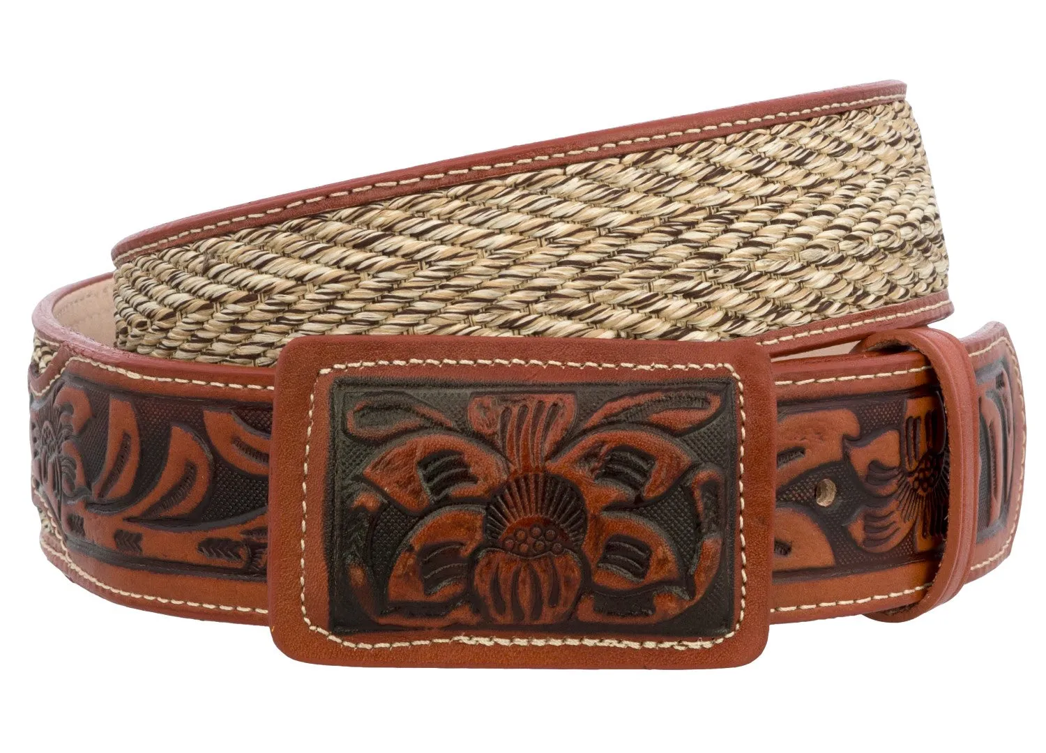 Cognac Western Cowboy Belt Tooled Braided Leather - Rodeo Buckle
