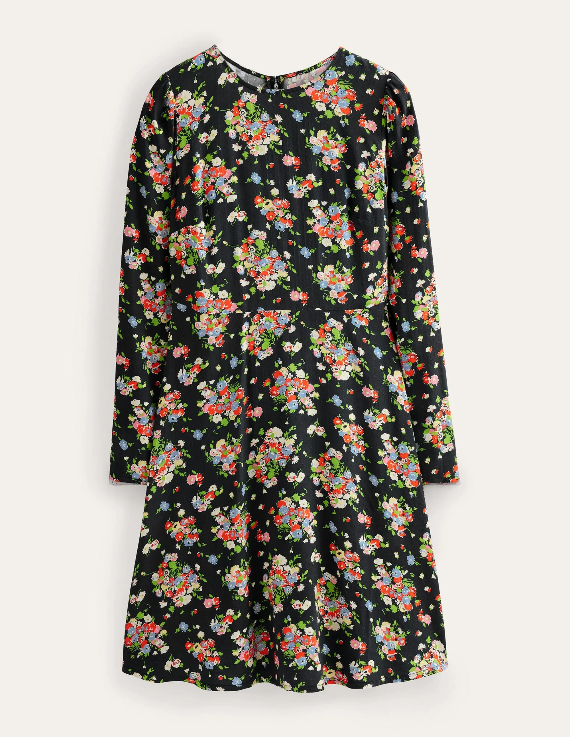 Crew Neck Fit-and-Flare Dress-Black, Wild Cluster