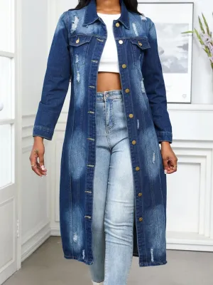 Distressed Button Up Collared Neck Denim Long Shirt