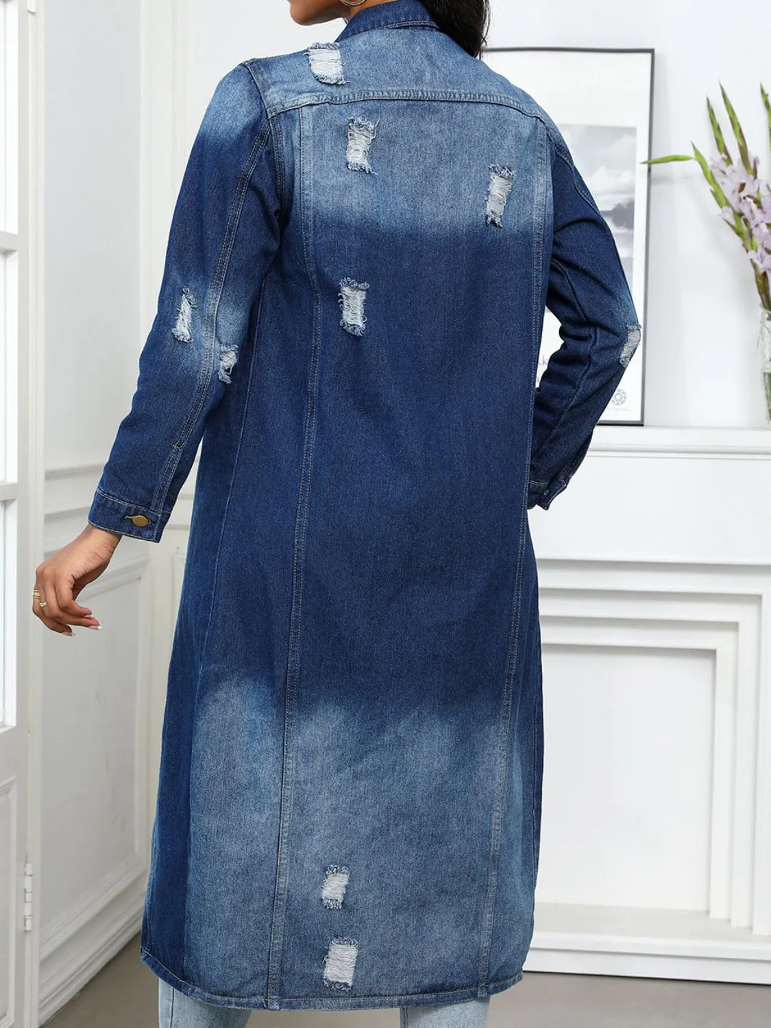 Distressed Button Up Collared Neck Denim Long Shirt
