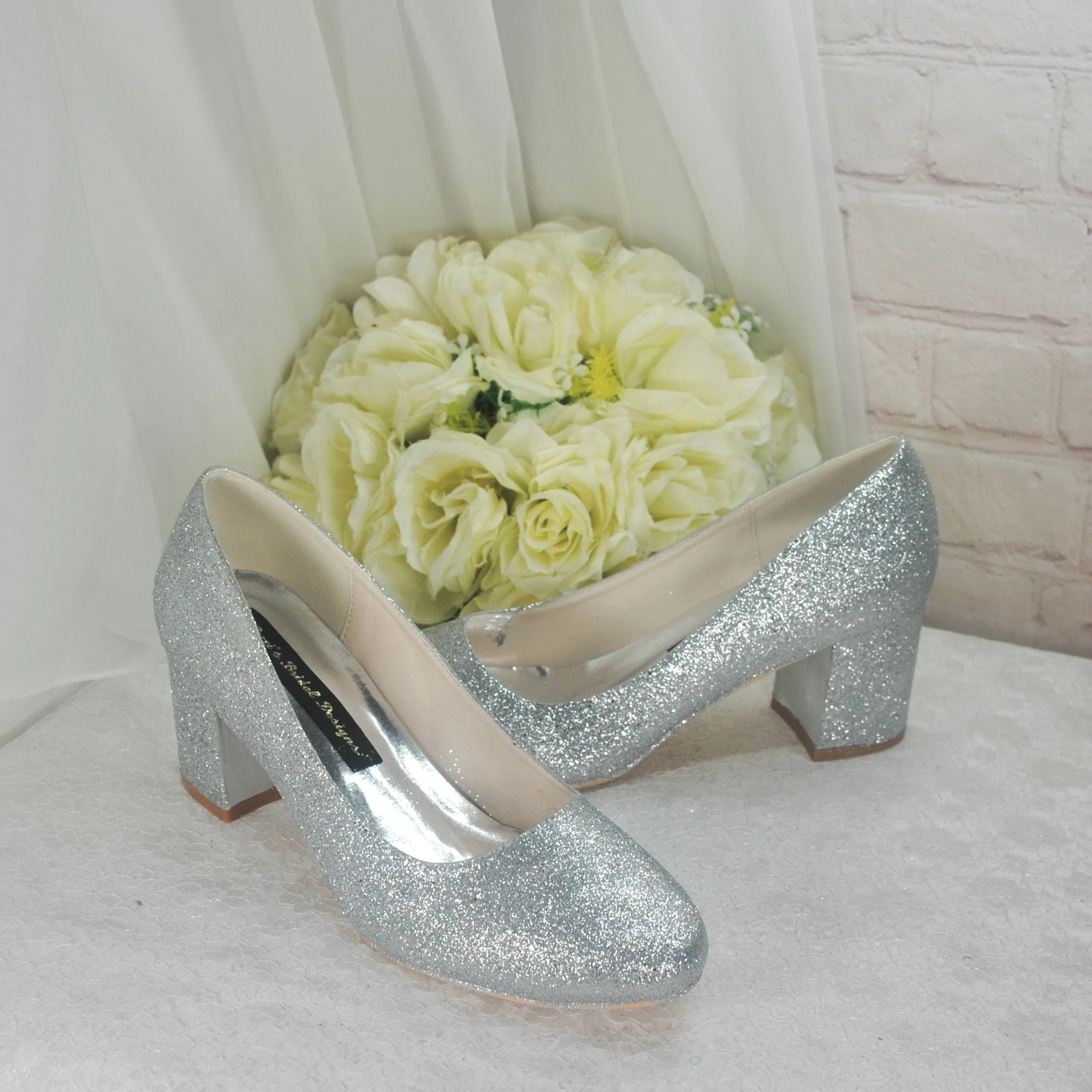 Glitter Wedding Shoes, 2 Inch Chunky Heel Shoes.