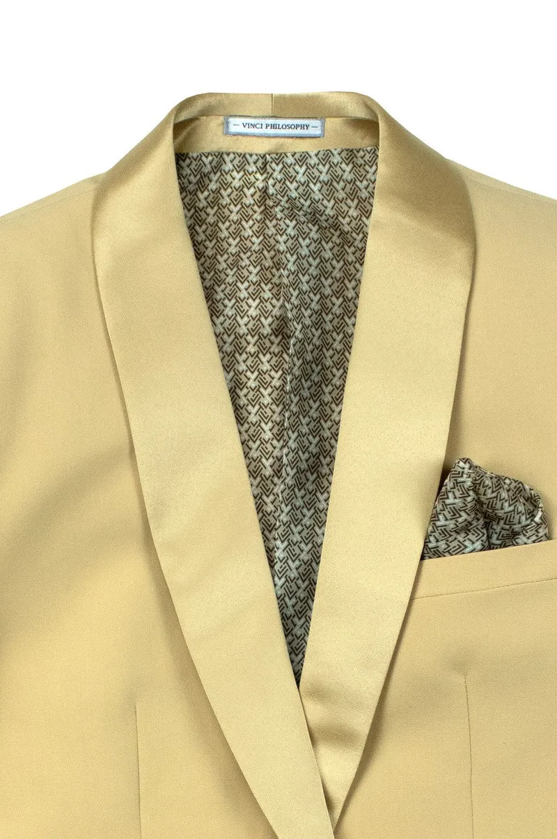 Men’s Light Gold Satin Lapel Tuxedo – Slim Fit 2-Piece Suit for Weddings & Formal Events
