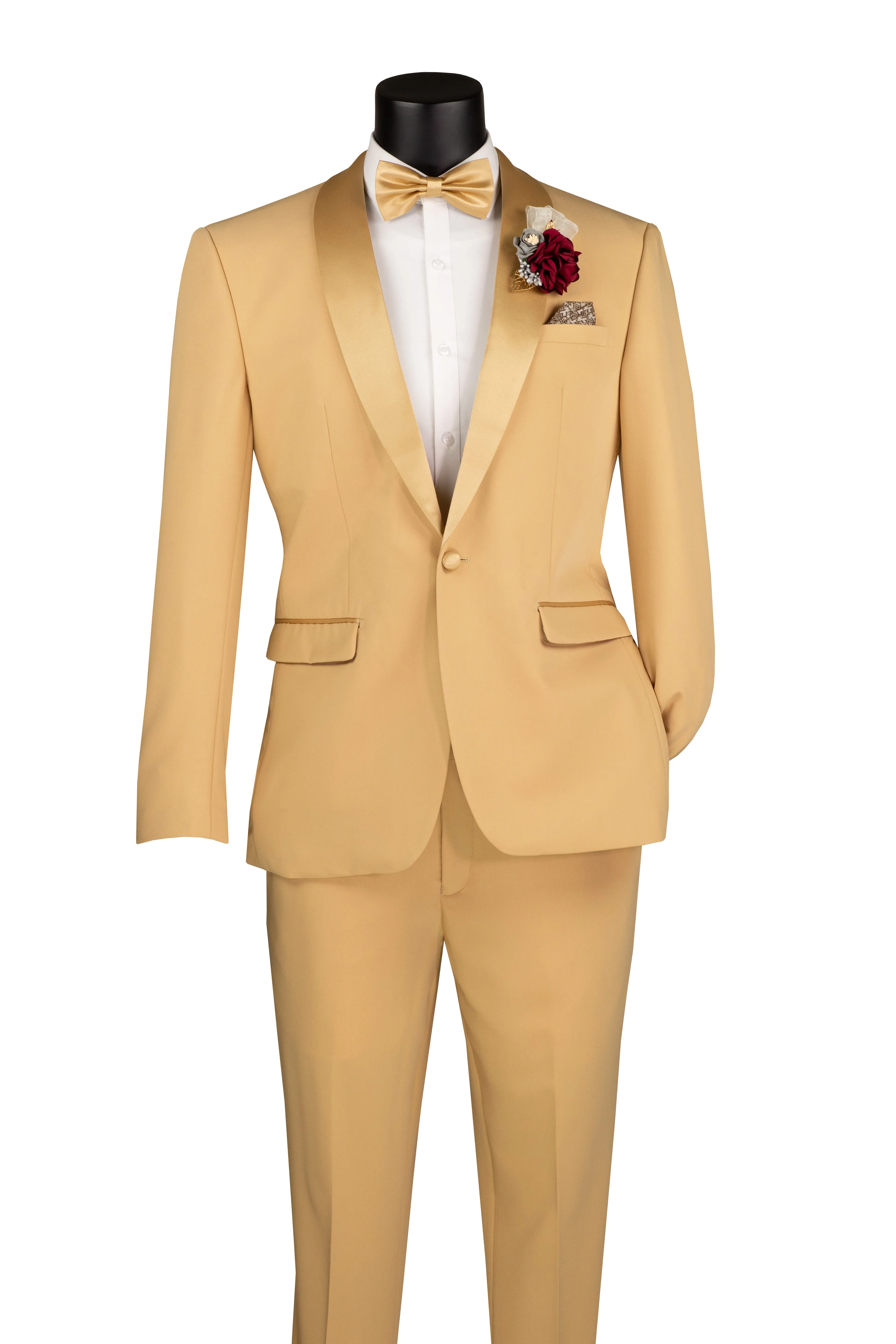 Men’s Light Gold Satin Lapel Tuxedo – Slim Fit 2-Piece Suit for Weddings & Formal Events