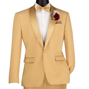 Men’s Light Gold Satin Lapel Tuxedo – Slim Fit 2-Piece Suit for Weddings & Formal Events