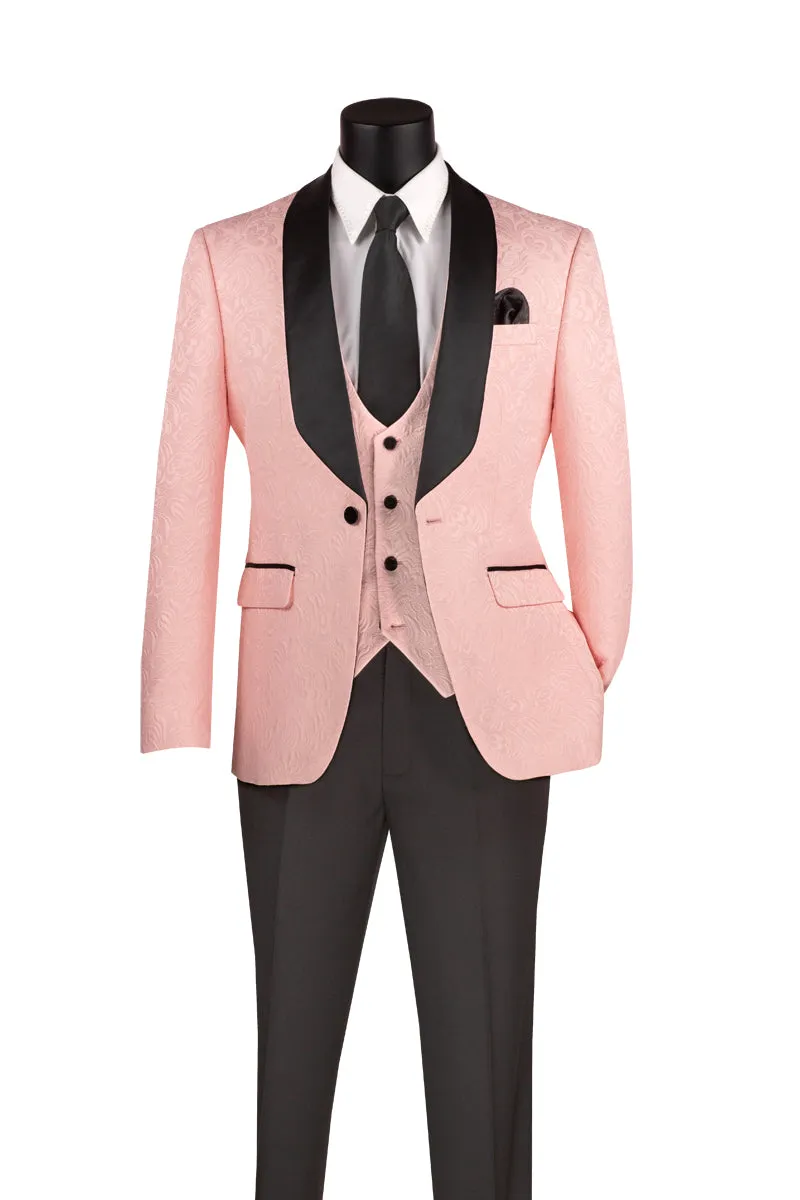 Men’s Light Pink Paisley Jacquard Tuxedo – Slim Fit 3-Piece Set with Black Satin Lapels