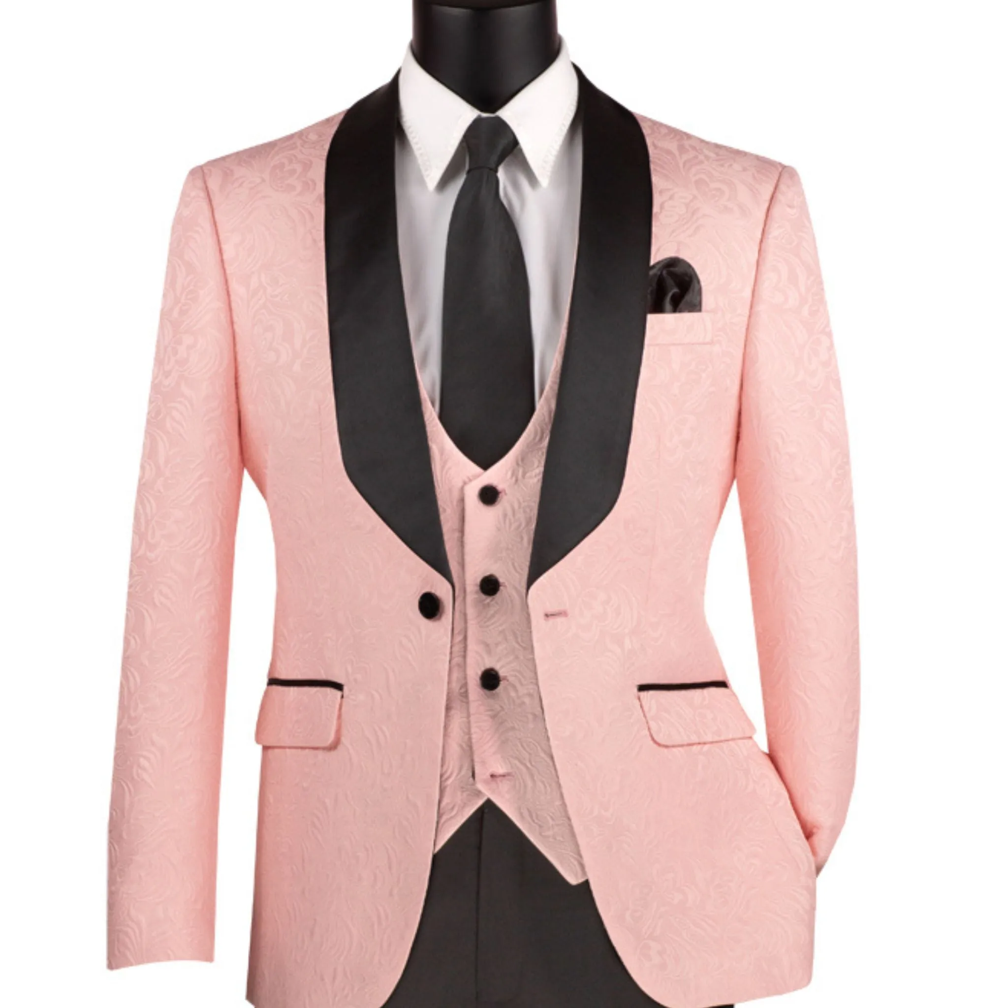 Men’s Light Pink Paisley Jacquard Tuxedo – Slim Fit 3-Piece Set with Black Satin Lapels