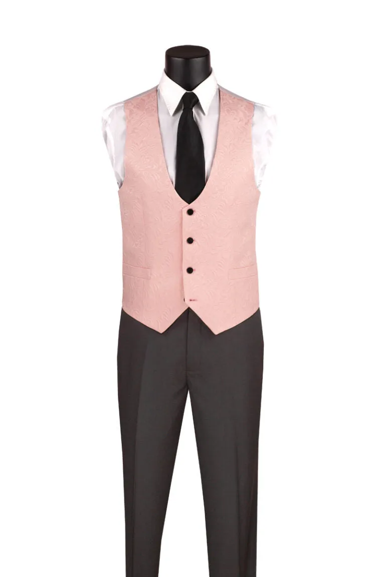 Men’s Light Pink Paisley Jacquard Tuxedo – Slim Fit 3-Piece Set with Black Satin Lapels