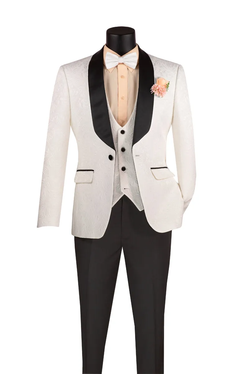 Men’s White Paisley Jacquard Tuxedo – Slim Fit 3-Piece Set with Black Satin Lapels