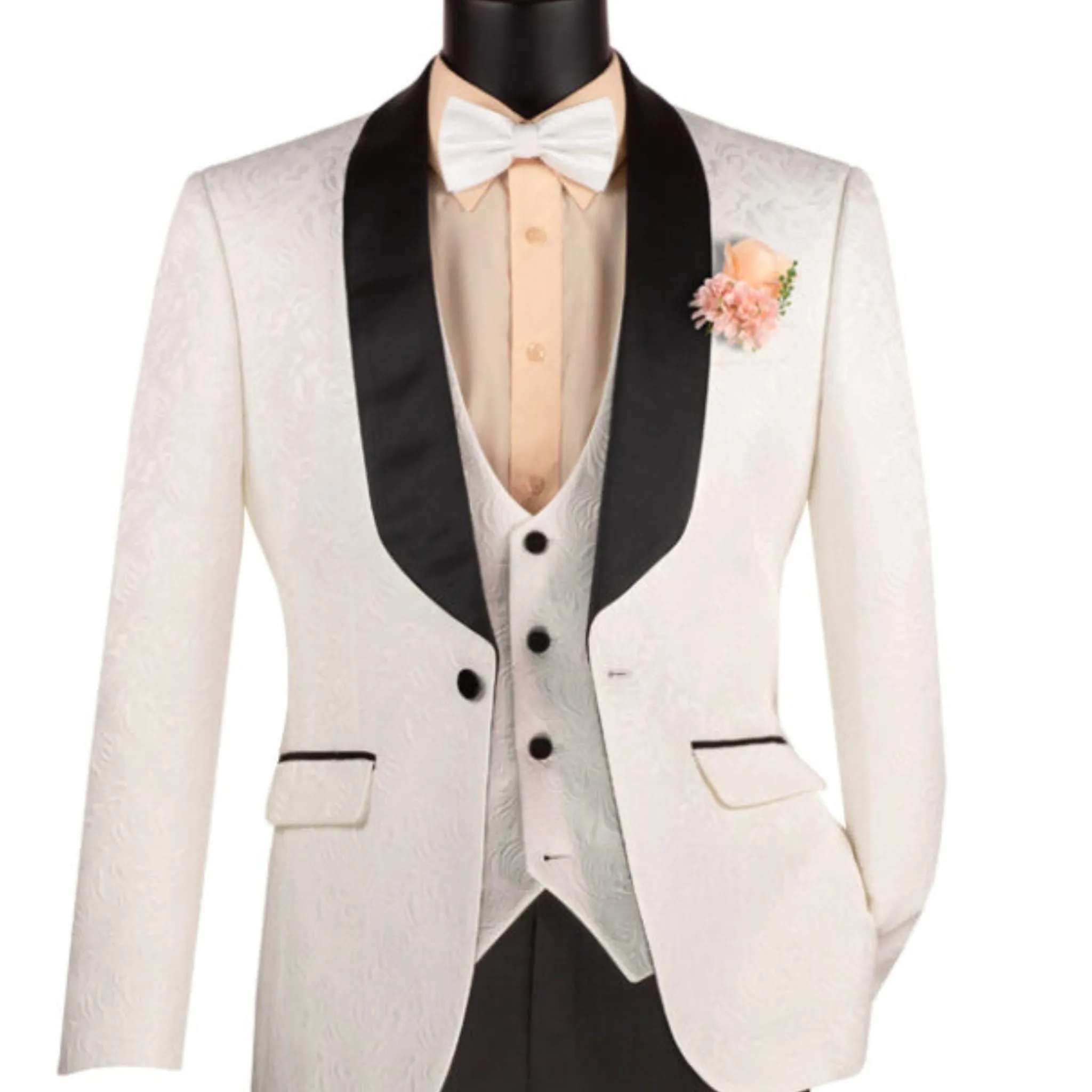 Men’s White Paisley Jacquard Tuxedo – Slim Fit 3-Piece Set with Black Satin Lapels