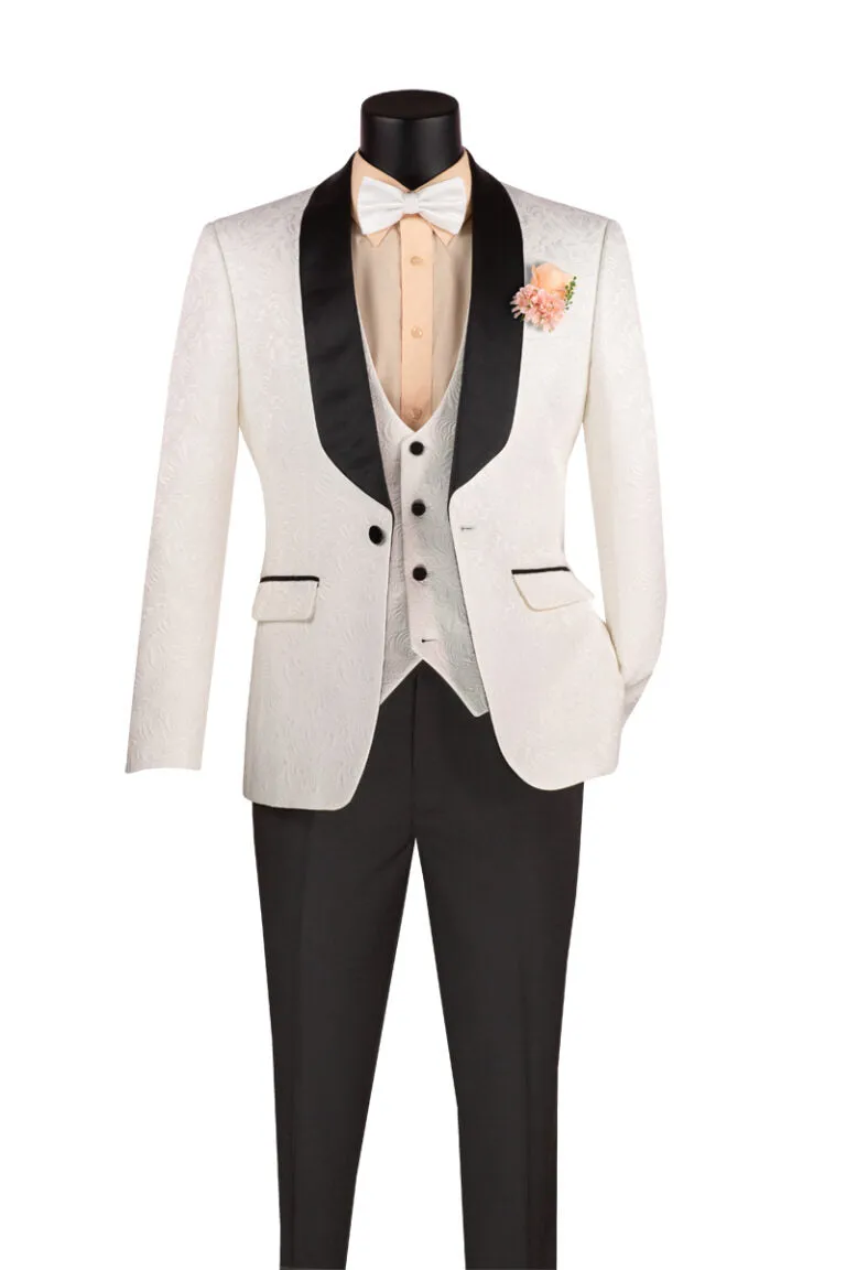 Men’s White Paisley Jacquard Tuxedo – Slim Fit 3-Piece Set with Black Satin Lapels